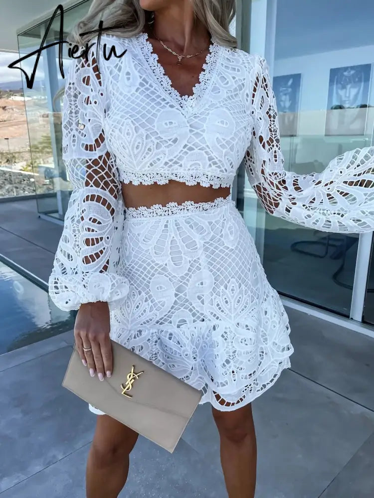 Flower Embrioderied White Lace Lantern Sleeve Skirt Set Casual Summer Party Dress Suit Vintage Crop Top Mini Skirt Set Aiertu
