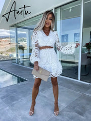 Flower Embrioderied White Lace Lantern Sleeve Skirt Set Casual Summer Party Dress Suit Vintage Crop Top Mini Skirt Set Aiertu