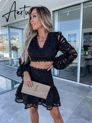 Flower Embrioderied White Lace Lantern Sleeve Skirt Set Casual Summer Party Dress Suit Vintage Crop Top Mini Skirt Set Aiertu
