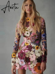 Flower Embroidery Women's Dress Sexy Hip Package Long Sleeve Bodycon Female Dresses Spring Summer Elegant Mini Vestidos Aiertu