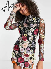 Flower Embroidery Women's Dress Sexy Hip Package Long Sleeve Bodycon Female Dresses Spring Summer Elegant Mini Vestidos Aiertu