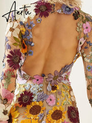 Flower Embroidery Women's Dress Sexy Hip Package Long Sleeve Bodycon Female Dresses Spring Summer Elegant Mini Vestidos Aiertu