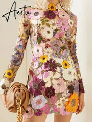 Flower Embroidery Women's Dress Sexy Hip Package Long Sleeve Bodycon Female Dresses Spring Summer Elegant Mini Vestidos Aiertu