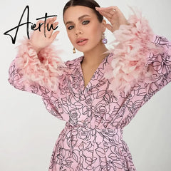 Flowers Print Feather Sleeves Sleepwear Abstract Pattern Loungewear Women Pajama Fashion Women's Clothing Sets Suit Aiertu
