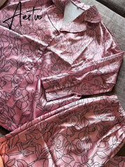 Flowers Print Feather Sleeves Sleepwear Abstract Pattern Loungewear Women Pajama Fashion Women's Clothing Sets Suit Aiertu