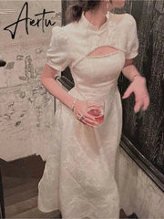 Formal Dress Women Elegant Chinese Summer Puff Sleeve Evening Party Vestido Vintage Female Clothes Sexy Backless Dresses Aiertu