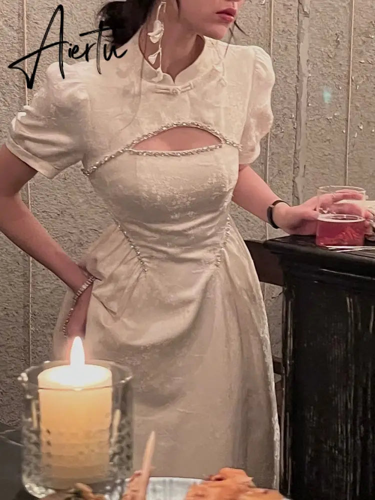 Formal Dress Women Elegant Chinese Summer Puff Sleeve Evening Party Vestido Vintage Female Clothes Sexy Backless Dresses Aiertu