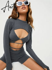 FQLWL Fall Streetwear Cargo Rompers Women Jumpsuits Long Sleeve Rompers Playsuits Hollow Out Bodycon Gray One Pieces Outfit Aiertu