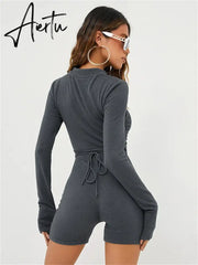 FQLWL Fall Streetwear Cargo Rompers Women Jumpsuits Long Sleeve Rompers Playsuits Hollow Out Bodycon Gray One Pieces Outfit Aiertu