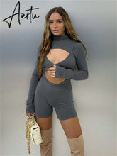FQLWL Fall Streetwear Cargo Rompers Women Jumpsuits Long Sleeve Rompers Playsuits Hollow Out Bodycon Gray One Pieces Outfit Aiertu
