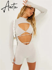 FQLWL Fall Streetwear Cargo Rompers Women Jumpsuits Long Sleeve Rompers Playsuits Hollow Out Bodycon Gray One Pieces Outfit Aiertu