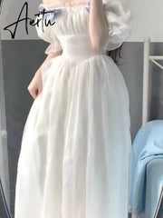 France Fairy Sweet Dress Women Vintage Evening Party Midi Dresses Casual Designer Chic Princess Retro White Dress Aiertu