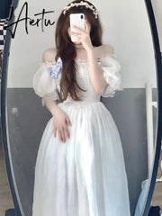 France Fairy Sweet Dress Women Vintage Evening Party Midi Dresses Casual Designer Chic Princess Retro White Dress Aiertu