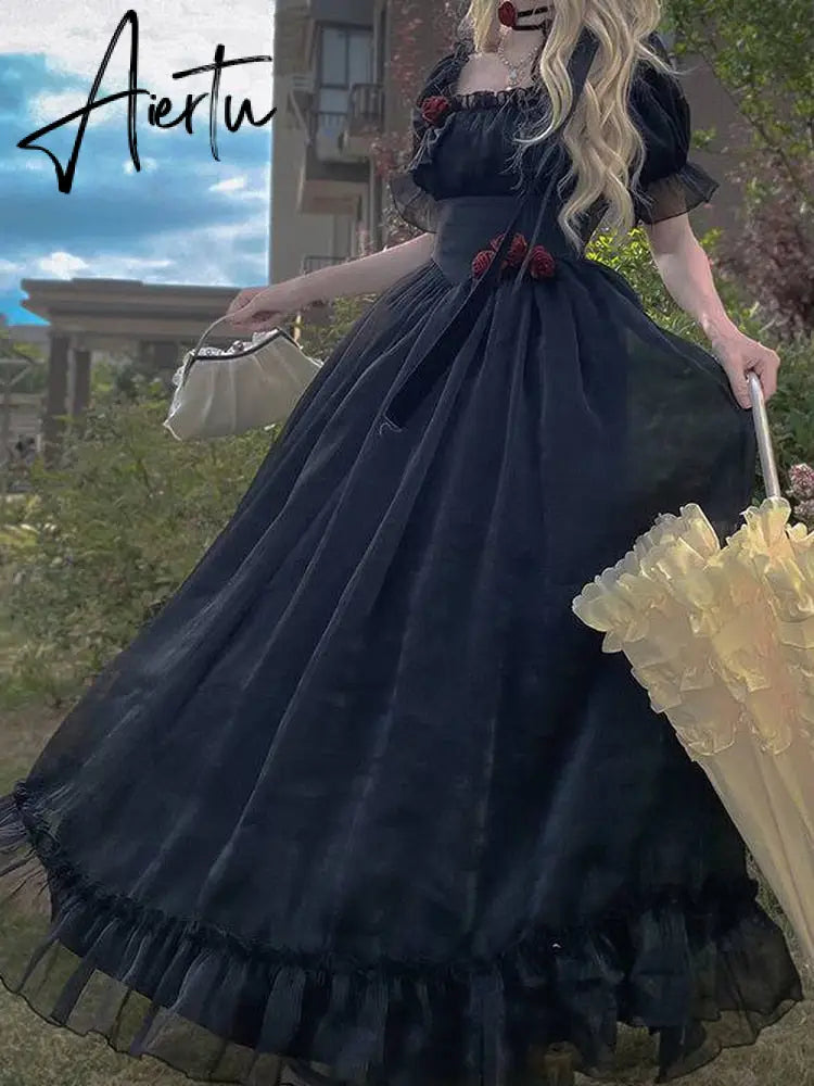 France Mesh Lolita Dress Women Summer Blue White Black Gothic Evening Party Dresses Sweet Korean Princess Fairy Dress Aiertu