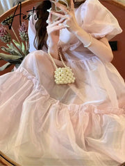France Vintage Mesh Dress Women Summer Blue White Black Retro Evening Party Dresses Sweet Korean Princess Fairy Dress Aiertu