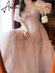 France Vintage Mesh Dress Women Summer Blue White Black Retro Evening Party Dresses Sweet Korean Princess Fairy Dress Aiertu