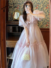 France Vintage Mesh Dress Women Summer Blue White Black Retro Evening Party Dresses Sweet Korean Princess Fairy Dress Aiertu