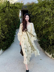Frehcn Vintage Floral Midi Dress Office Lady V-Neck Casual Beach Party Dress Women Summer Chiffon One Piece Dress Korean Aiertu