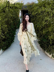 Frehcn Vintage Floral Midi Dress Office Lady V-Neck Casual Beach Party Dress Women Summer Chiffon One Piece Dress Korean Aiertu