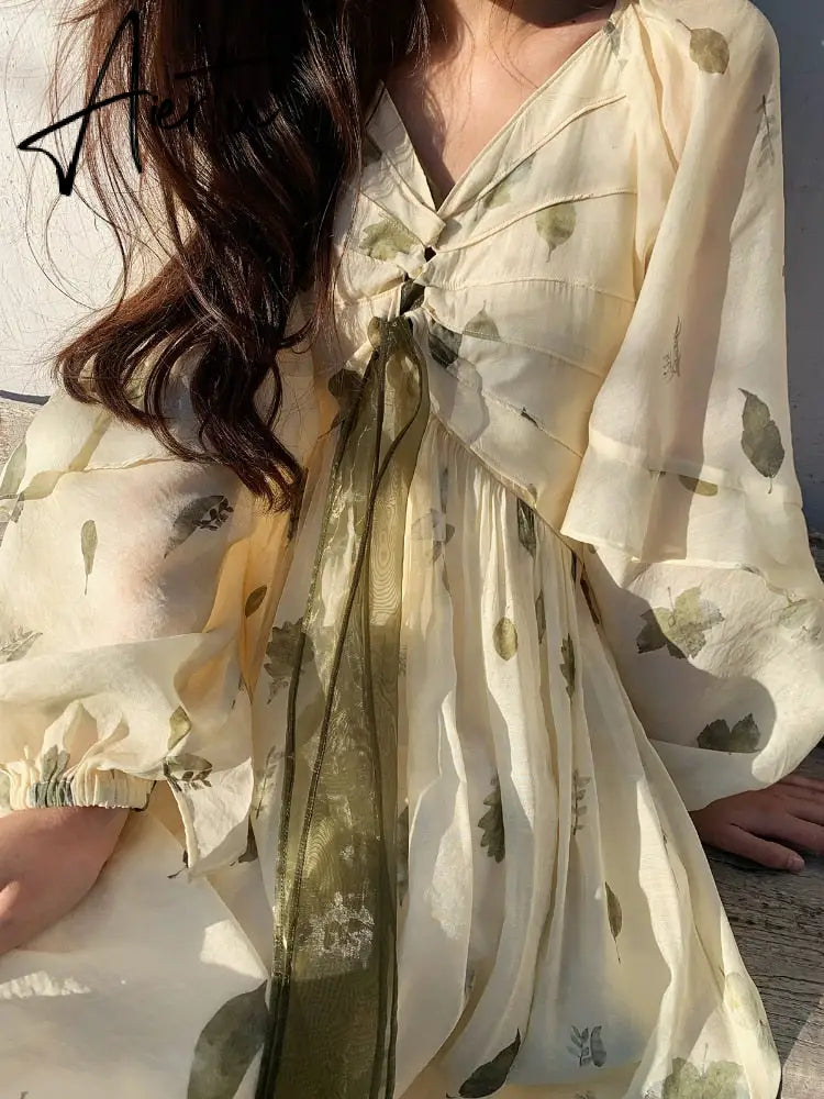 Frehcn Vintage Floral Midi Dress Office Lady V-Neck Casual Beach Party Dress Women Summer Chiffon One Piece Dress Korean Aiertu