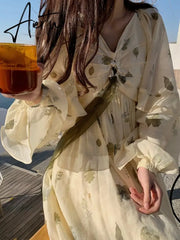 Frehcn Vintage Floral Midi Dress Office Lady V-Neck Casual Beach Party Dress Women Summer Chiffon One Piece Dress Korean Aiertu