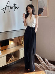 French Elegant Jumpsuits Women Casual Sleeveless Black and White Crop Tops + Loose Pants Office Lady Korean Clothing Summer Aiertu