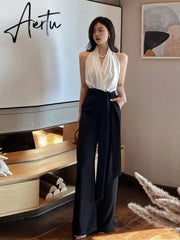 French Elegant Jumpsuits Women Casual Sleeveless Black and White Crop Tops + Loose Pants Office Lady Korean Clothing Summer Aiertu