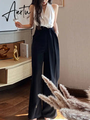 French Elegant Jumpsuits Women Casual Sleeveless Black and White Crop Tops + Loose Pants Office Lady Korean Clothing Summer Aiertu