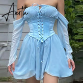 French Romance Sexy Backless Mini Dresses Chic Women Off Shoulder Full Sleeve Corset Pleated Dress Elegant Vintage Club Party Aiertu