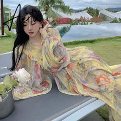 French Seaside Resort Maxi Dress Women Chiffon Puff Sleeve V Neck Floral Dress Female Vintage Elegant Print Long Beach Dress Aiertu