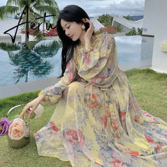 French Seaside Resort Maxi Dress Women Chiffon Puff Sleeve V Neck Floral Dress Female Vintage Elegant Print Long Beach Dress Aiertu