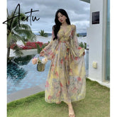 French Seaside Resort Maxi Dress Women Chiffon Puff Sleeve V Neck Floral Dress Female Vintage Elegant Print Long Beach Dress Aiertu