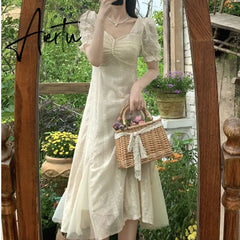 French Vinatge Midi Dresses Women Casual Short Sleeve Elegant Sweet Dress Female Party One Piece Dress Korean Fahion Summer Aiertu