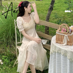 French Vinatge Midi Dresses Women Casual Short Sleeve Elegant Sweet Dress Female Party One Piece Dress Korean Fahion Summer Aiertu