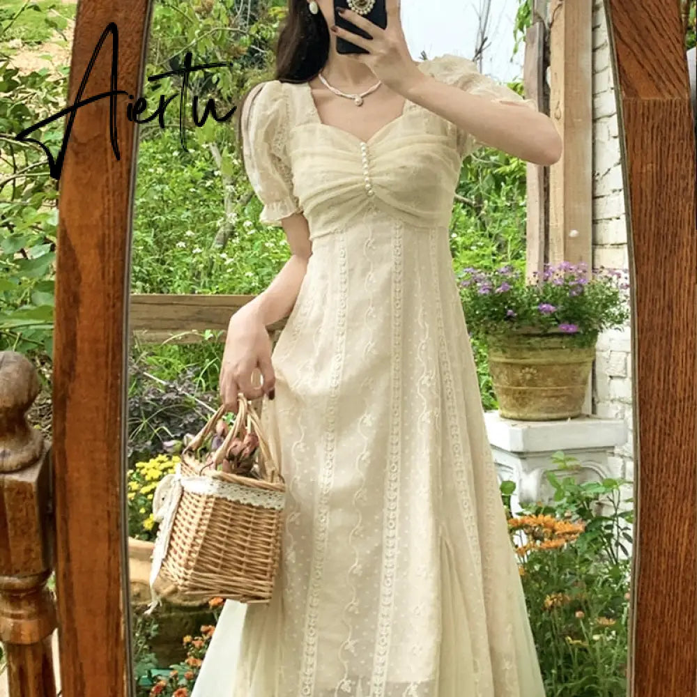 French Vinatge Midi Dresses Women Casual Short Sleeve Elegant Sweet Dress Female Party One Piece Dress Korean Fahion Summer Aiertu
