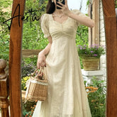 French Vinatge Midi Dresses Women Casual Short Sleeve Elegant Sweet Dress Female Party One Piece Dress Korean Fahion Summer Aiertu