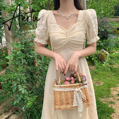 French Vinatge Midi Dresses Women Casual Short Sleeve Elegant Sweet Dress Female Party One Piece Dress Korean Fahion Summer Aiertu