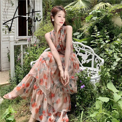 French Vintage Backless Beach Dress Women Summer Elegant Print Halterneck V-Neck Long Cake Dress Sexy Holiday Dress Aiertu