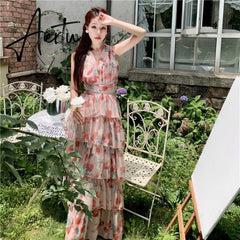 French Vintage Backless Beach Dress Women Summer Elegant Print Halterneck V-Neck Long Cake Dress Sexy Holiday Dress Aiertu