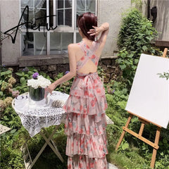 French Vintage Backless Beach Dress Women Summer Elegant Print Halterneck V-Neck Long Cake Dress Sexy Holiday Dress Aiertu