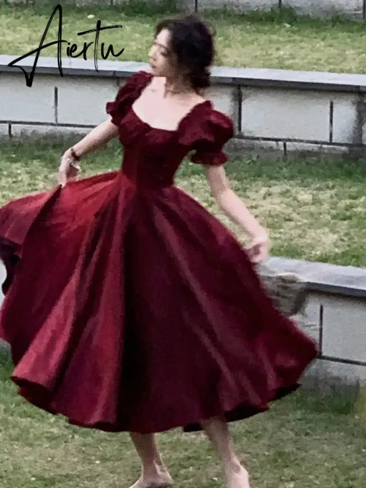 French Vintage Burgundy Evening Party Dress Women Summer Elegant Romantic Prom Vestidos Korean A-line Graduation Dresses Aiertu