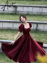 French Vintage Burgundy Evening Party Dress Women Summer Elegant Romantic Prom Vestidos Korean A-line Graduation Dresses Aiertu