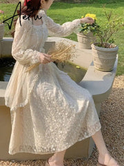 French Vintage Dress Women Summer Long Sleeve Elegant Party Midi Dress Female Casual Retro One Piece Dress Korean Casual Aiertu