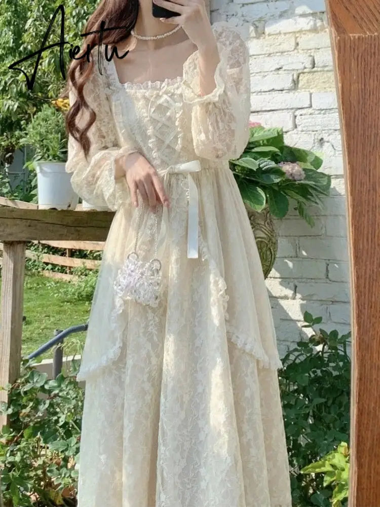 French Vintage Dress Women Summer Long Sleeve Elegant Party Midi Dress Female Casual Retro One Piece Dress Korean Casual Aiertu