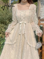 French Vintage Dress Women Summer Long Sleeve Elegant Party Midi Dress Female Casual Retro One Piece Dress Korean Casual Aiertu
