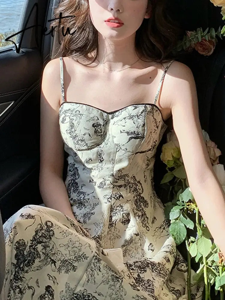 French Vintage Midi Dress Women Casual Elegant Floral Strap Dress Party Even Office Lady Slim One Piece Dress Korean Summer Aiertu