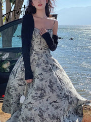 French Vintage Midi Dress Women Casual Elegant Floral Strap Dress Party Even Office Lady Slim One Piece Dress Korean Summer Aiertu