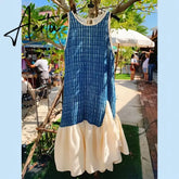 French Vintage Robe Women Spring Patchwork Vest Skirt Sleeveless Dress Splicing Ruffled Edge Fashion Vestidos De Mujer Aiertu