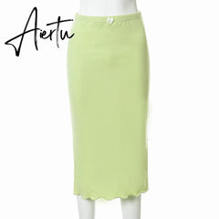 Fresh Green High Waist Midi Skirts Y2K Aesthetic Streetwear Sexy Bodycon Slit Summer White Bow Straight Skirts Women Outfits Aiertu