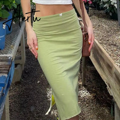 Fresh Green High Waist Midi Skirts Y2K Aesthetic Streetwear Sexy Bodycon Slit Summer White Bow Straight Skirts Women Outfits Aiertu